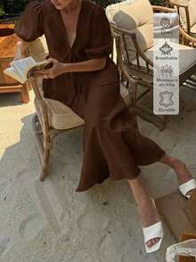 2pcs Linen Casual Elegant Vacation & Daily Wear Outfits, Casual Dresses, Casual Women Outfits, Summer Holiday Outfits, Elegant Women's Set - Brown - View 5