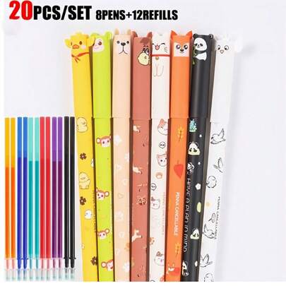 20pcs New Animal Shaped Erasable Gel Pen Set, Includes 8 Pens With Various Color Inks, 12 Refill Cartridges, Suitable For Writing, Drawing, Coloring, Doodling, Great For Student Rewards And Back-To-School Gifts