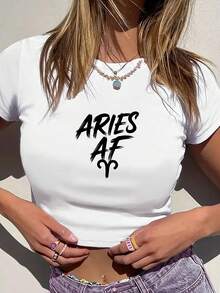 Aries OF Typography Women's Fashion Short Sleeve T-Shirt,Y2K Top Crop,Camisetas De Fiesta,Back To School,Vintage,Street Wear, Rock, Holiday, Vacation, Festival, Summer Tops - 白色 - 查看 4