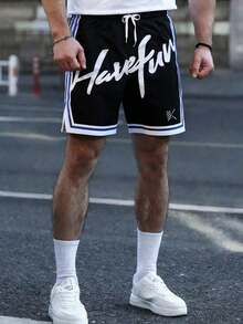 男士运动户外篮球短裤，通勤跑步撞色健身休闲篮球短裤 - 黑色 - 查看 2