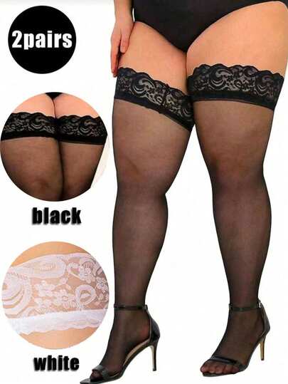2双装加大码女士丝袜：蕾丝透明连裤袜，防滑内衣紧身裤，适合丰满女士，秋季服装礼物，加大码过膝袜，加大码女装，秋季长袜，哥特式万圣节服装，女士打底裤，及膝袜，女士腿套，女士丝袜，加大码内衣紧身裤，舒适加大码白色丝袜