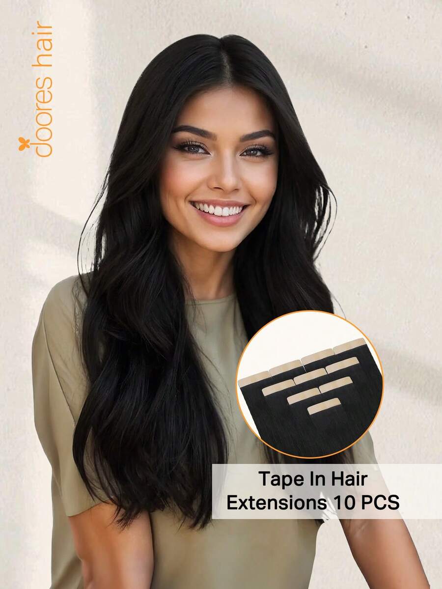 DOORES 10 piezas de extensiones de cabello con cinta recta, 100% cabello humano Remy para salón, sedoso y sin costuras, invisible, negro azabache, 25g 10-26 pulgadas, extensión de cinta invisible con piel sintética, para mujer con cabello fino, agrega volumen y longitud con un aspecto natural, fácil de aplicar, perfecto para graduación, aniversario y peinados festivos - S1 - Ver 1