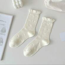 1/3 pares de calcetines de media pantorrilla con dobladillo con volantes de unicolor estampados para mujeres, de moda, suaves y cómodos, adecuados para la temporada de regreso a la escuela y todo el año, surtido de colores aleatorios - Multicolor - Ver 21