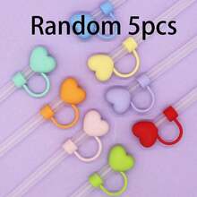 5pcs 10mm Large Diameter Heart Shaped Straw Caps, Soft Silicone Heart Straw Plugs, Compact Straw Covers - Multicolor - View 7