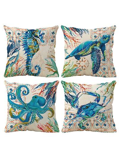 4pcs Ocean Elements Seahorse, Starfish, Turtle, Octopus Printed Pillow Covers, Home Decor Sofa Cushion Covers, Bedroom Headrest, Car Seat Pillow Covers, Room Decor