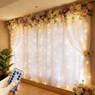 Luces de cortina de ventana con control remoto LED, alimentadas por USB, 8 modos de iluminación, luces de hadas, adecuadas para Pascua, fiestas, cumpleaños, ambiente romántico, regalos, decoración de celebración de cumpleaños