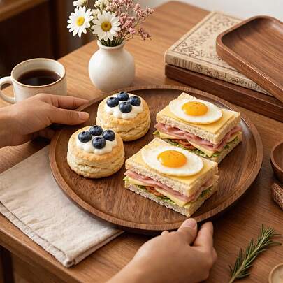 1pc, Serving Tray, Solid Wood Tray, Thin Serving Tray, Tray, Breakfast Tray, Wooden Dinner Tray, Round Wood, Snack Tray, Dinner Tray, Serving Tray, Snack Tray, Fruit Tray. For Appetizers, Snacks, Fruit, Desserts, Kitchen And Dining Room Accessories, Tabletop Decorations. Country-Style Tableware. Suitable For Holidays, Mother's Day And Thanksgiving. Holiday Gifts.