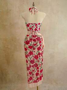 Floral Print Halter Cutout Two Pieces Midi Dress Set - Multicolor - View 7