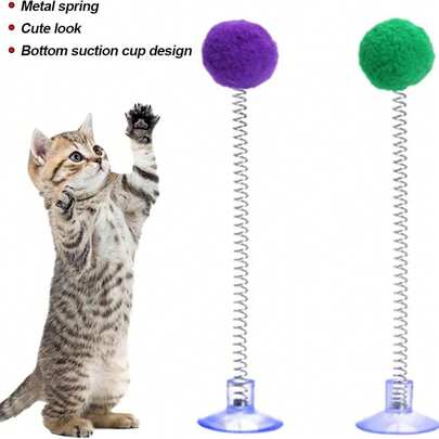 8/5/3pcs Interactive Cat Toy With Plush Ball, Metal Spring Teaser Wand, And Suction Cup Base - Vibrant Colors, Battery-Free, Durable, Suitable For All Cat Breeds. Stimulates Hunting Instincts And Playfulness. Hunting Simulation Toy, Active Cat Toy, Plush Ball Toy, Indoor Cat Toy
