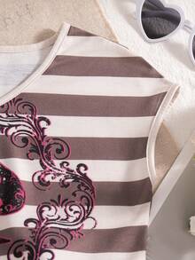 Set de 2 piezas de top sin mangas con cuello en V con estampado de rayas y lazo, y pantalones cortos rectos con volantes en el bajo, para niñas, estilo casual, para primavera/verano - Negro - Ver 6