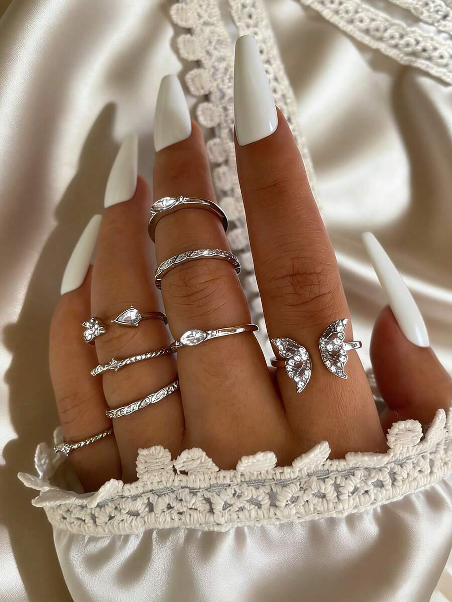 波西米亚复古全钻叠戴戒指套装，女士珠宝，订婚、结婚和情人节礼物 - 蝴蝶型 - 查看 1