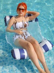 Striped Inflatable Floating Bed Water Hammock Inflatable Pool Hammock Casual Floating Bed With Mesh Pool Floating Bed Adult Floating Lounger For Pool Beach Summer Vacation Foldable Water Floating Mat Beach Essential Accessories Pool Float - Multicolor - View 5