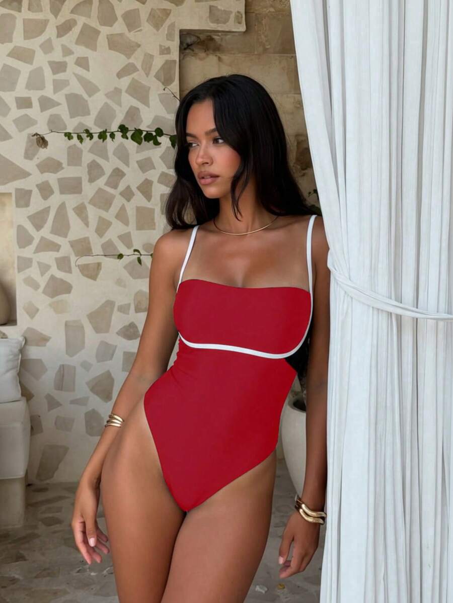 Bộ áo liền quần gợi cảm màu đỏ tương phản, co giãn tốt, thích hợp cho nữ, kiểu dáng thường ngày đi biển, dự tiệc. - Đỏ - Xem 1