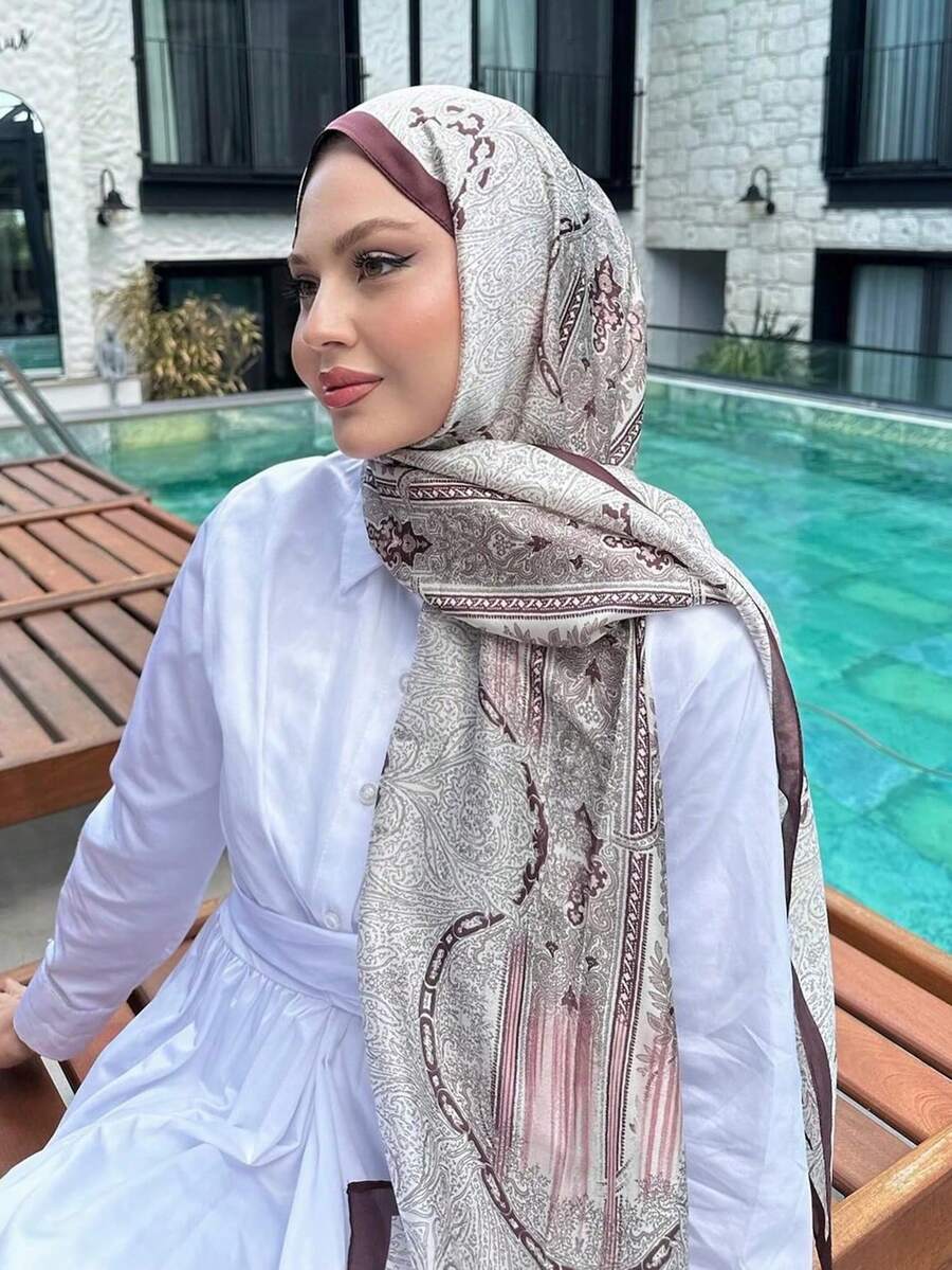 1条复古波西米亚风女士围巾，优雅撞色通勤披肩，多功能穆斯林头巾，四季皆宜，可作防晒丝巾 - 酒紅色 - 查看 1