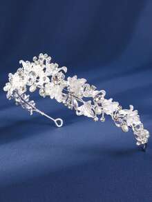 1pc Fashionable Crystal Flower Crown, Handmade Alloy Rhinestone & Pearl Princess Tiara Headband, Suitable For Birthday, Wedding, Party Occasions - Silver - View 7