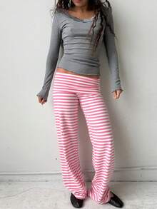 Lounge Yoga Pants For Women Fold Over Low Waist Wide Leg Sweatpants Flare Leggings Bell Bottoms Y2K Foldover Pants - 粉色 - 查看 6