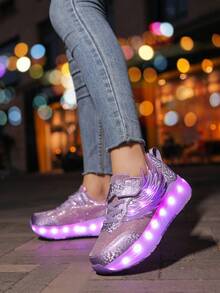 Upgraded Fashion Children & Teens Roller Skate Shoes, Enhanced Stability, Detachable 2-In-1 Sports Shoes, Street Cool Skating Shoes, Outdoor Sports Luminous Shoes, Parent-Child Shoes, New Skating Shoes, Luminous Shoelaces, Roller Skating Luminous Shoes, USB Rechargeable Roller Skate Shoes, LED Luminous Skating Shoes, Sports Shoes With Luminous Soles, Boys - Purple - View 8