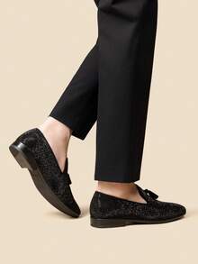 Men's Tassel Dress Loafers Slip On Comfortable Rhinestone Tuxedo Shoes For Wedding Party Graduation - 黑色 - 查看 10