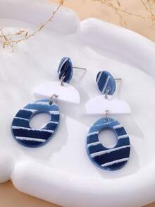 1 Pair Handmade Modern Geometric Blue & White Striped Textured Layered Geometric Design Earrings, Suitable For Beach Vacation, Daily Commute, Art Exhibitions - Blue and White - View 7