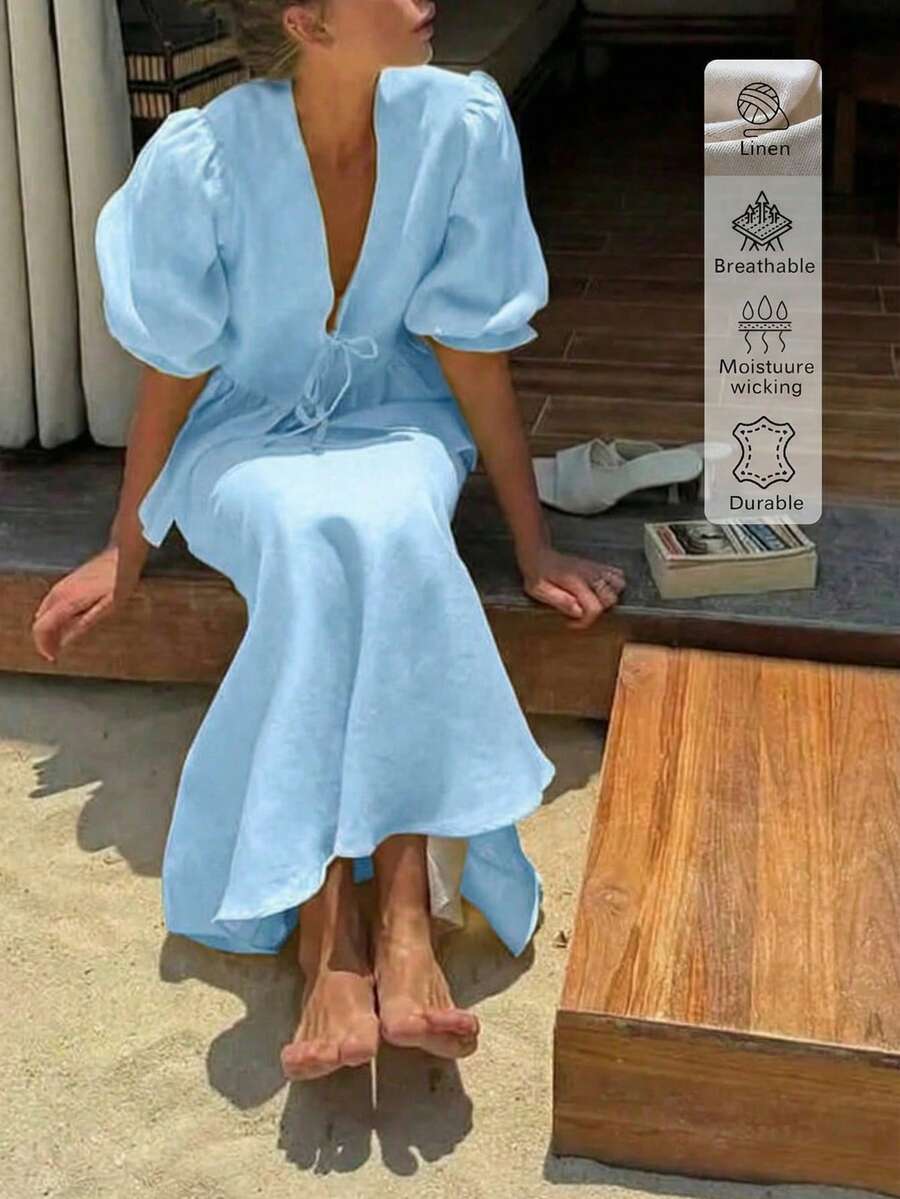 两件套亚麻休闲优雅度假及日常穿着套装，休闲连衣裙，女士休闲装，夏季度假装，优雅女士套装 - 藍色 - 查看 1