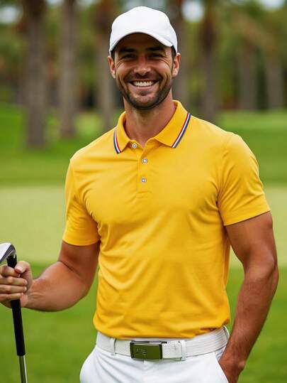 男士撞色滚边高尔夫Polo衫，半扣领，柔软轻盈，商务休闲工作衬衫，适合送给男友，也适合高尔夫、日常穿着、夏季和网球运动。