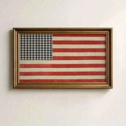 2D Flat, 2D Flat, 1pc Wall Decoration, A Retro Poster Featuring An American Flag Art Print, Designed With A Black And White Checkered Pattern And Red Stripes, Suitable For Canvas Painting, Ideal For Living Room Decor, Bedroom Aesthetic