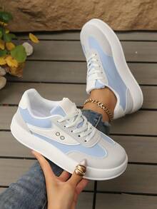 女士金属网面厚底运动鞋，春秋季新款休闲平底防滑白色学生鞋 - 藍色 - 查看 7