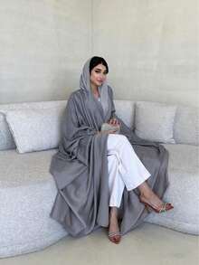 Minimalist Elegant Fashion Soft Glow Batwing Sleeve Abaya - Grey - View 5