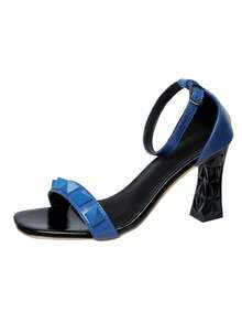 1 par de sandalias cuadradas con hebilla y tiras azules, elegantes para ir al trabajo, fiestas, vacaciones, tacones altos versátiles y de moda, para primavera/verano - Azul - Ver 8