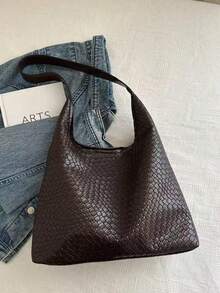 时尚女士新月形编织单肩包，PU皮革斜挎包带零钱包，新款时尚大容量女士包 - 棕色 - 查看 7