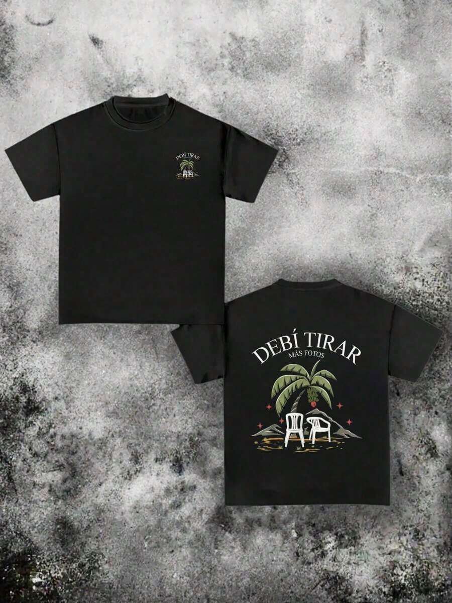 Camiseta casual de hombre 100% algodón de 220g, peso pesado, 1 pieza con impresión digital con temas "Debería haber tomado talla grande fotos", tropical y arrepentimiento - Negro - Ver 1