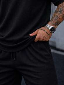 Textured T-Shirt And Shorts Set, 2-Piece Kit, New Release, Premium Fabric - Black - View 4