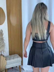 Women's PU Leather Cropped Top + High-Waisted Full Skirt Set, Fashionable For Bloggers, Parties, Casual, Elegant, PU Leather, Pleated, Zipper, Evening, Formal And Nighttime, Dating, Vacation, Autumn, Winter - 黑色 - 查看 2