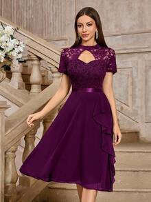 MIUSOL Đầm cocktail dáng xòe bằng chiffon, cổ cao, ren hoa, xếp ly bên hông, chất liệu ren hoa, thanh lịch cho mùa hè. - Màu Tím - Xem 4