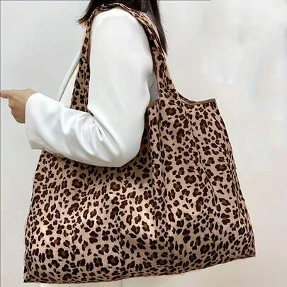 大容量豹纹手提包，单肩包，超市购物袋，时尚包袋，可折叠便携牛津布杂货袋，配有结实手柄，适合日常生活、情人节、旅行、购物，时尚配饰