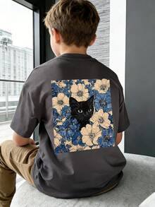 1 buah Kaos Pullover Lengan Pendek Bergambar Kucing untuk Anak Laki-laki Remaja, Atasan Musim Panas untuk Anak-anak, Pakaian Pelajar Muda - Dark Grey - View 7