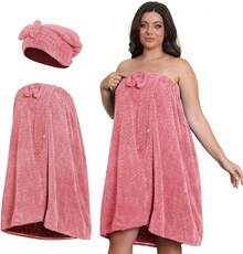 Set Of 2 Extra Large Bath Skirts And Shower Caps, Bathrobe Dimensions 80*210/160cm, Large Bath Towel Body Wrap, Adjustable For Sizes XXL To XXXXXL, Made Of Thick Coral Fleece, Soft And Highly Absorbent, Perfect For Home, Travel, Sauna, And Spa Use, Spa Bathrobe Style Set With Hair Towel | Adjustable, Comfortable & Quick-Drying - 彩色 - 查看 11