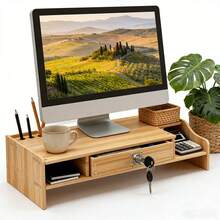Soporte de monitor de madera, estantería de almacenamiento de doble capa, organizador de escritorio multifuncional con cajón con cerradura, soporte ergonómico para computadora con ranura para teléfono y caja de almacenamiento, administrador de computadora de escritorio, portátil, suministros de oficina, ideal para oficina en casa - Cajón con cerradura - Ver 1