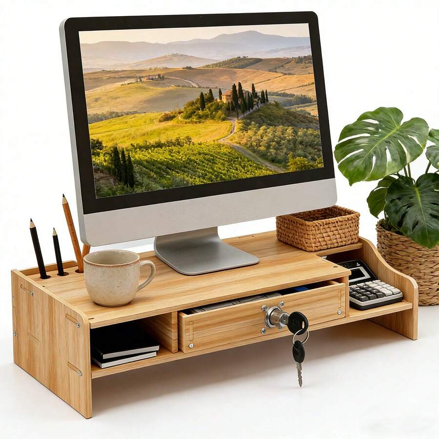 Soporte de monitor de madera, estantería de almacenamiento de doble capa, organizador de escritorio multifuncional con cajón con cerradura, soporte ergonómico para computadora con ranura para teléfono y caja de almacenamiento, administrador de computadora de escritorio, portátil, suministros de oficina, ideal para oficina en casa - Cajón con cerradura - Ver 1