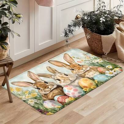1 pièce Paillasson de Pâques Printemps Lapin et Œufs, résistant à l'usure et durable pour plusieurs scènes, en polyester doux et lavable en machine, de forme rectangulaire convenant à l'entrée, la chambre, la cuisine, la salle de bain et le salon