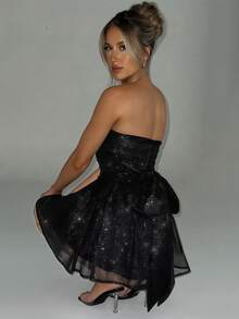 Elegant Women's Sequin Strapless Short A-Line Dress With Flared Hem, Perfect For Prom And Parties - 黑色 - 查看 2