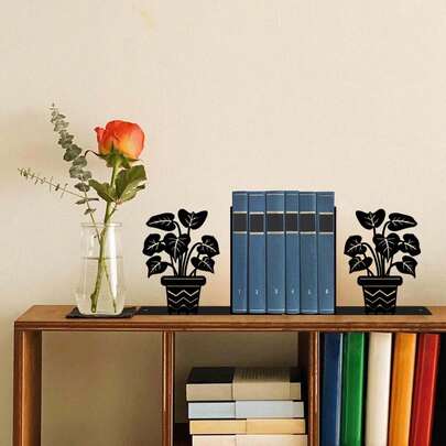 1对/2件装 - 植物花盆造型金属书挡 - 时尚装饰书架 - 办公室或家用书籍支架 - 耐用家居办公收纳用品 - 书房艺术装饰 - 送给爱书人的独特礼物