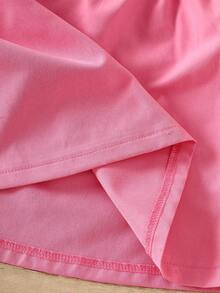 Young Girl' Sweet & Cute White Round Neck Cartoon Bear Print Top And Fuchsia A-Line Pocket Skirt Set, Fashionable Everyday Outfit - Pink - View 10