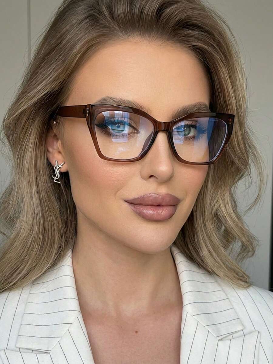 1 Pair Women's Brown Cat Eye PC Frame Minimalist Solid Color Retro ...