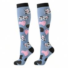6双装奶牛纹过膝压缩袜，男女通用，适合运动、骑行、徒步、护理等场合，可爱动物图案，2026新款设计，生日礼物压缩袜 - 彩色 - 查看 8