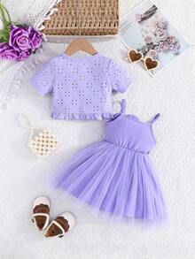 Conjunto de 2 piezas para bebé niña: Vestido de princesa con suspensores bordados y malla + Chaqueta de manga corta con volantes para actividades al aire libre - Morado - Ver 7