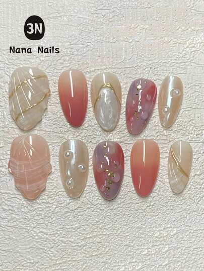 1Package/10Pcs Short Almond Press On Nails Set : Opulent 3D Statement Nails – Meticulously Hand-Sculpted With Golden Flourishes, Blushing Purple Marble, Volute Textures, And Luminous Pearl White Finishing