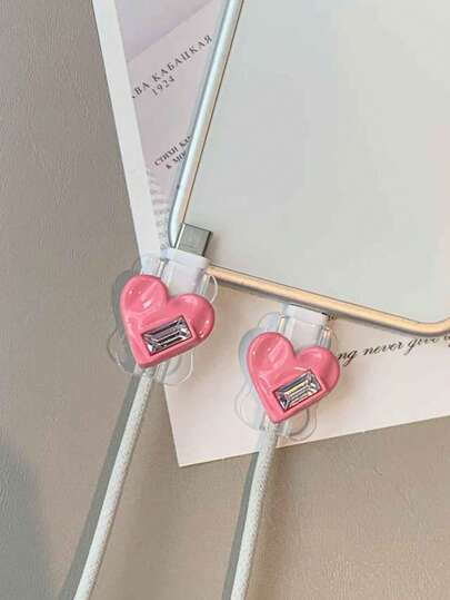 Pink Heart Element 2pcs Silver Sparkly Rhinestone Heart Shaped 3D Data Cable Protector Compatible With IPhone & Android Women's Day Gift Birthday Anniversary