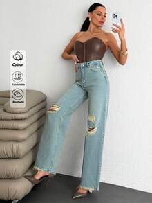 Women's High Waisted Wide Leg Jeans With Distressed Ripped Details And Pockets Long Length Denim - Green - View 1