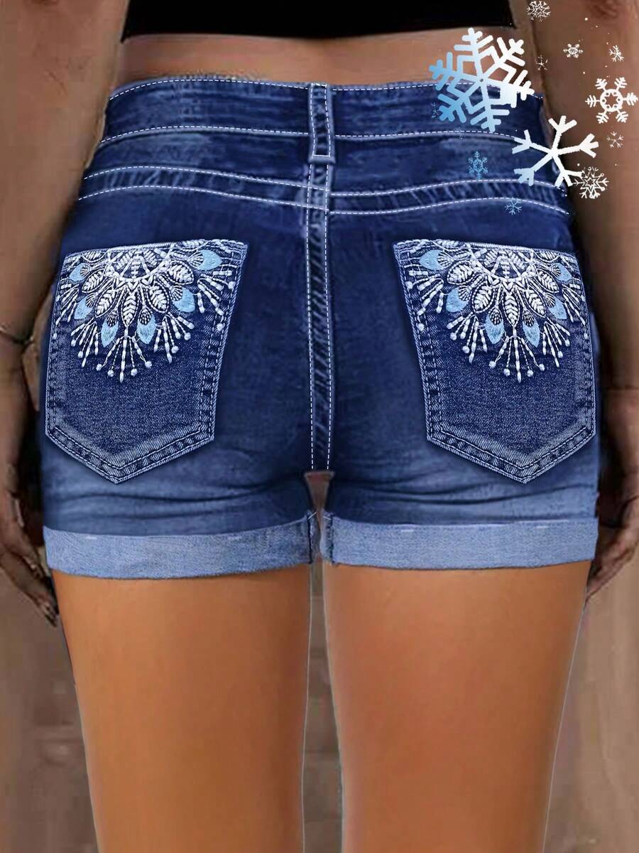 Plus-Size Women's High-Waist Shorts With Delicate Embroidered Patterns On The Back Pockets, Vintage Dark Blue Plus-Size Women's High-Waist Denim Shorts - 藏青色 - 查看 1